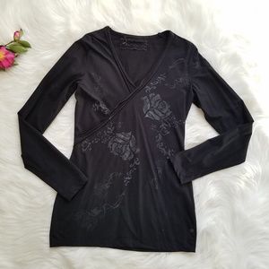 Margittes France Black Floral Print V-Neck Top